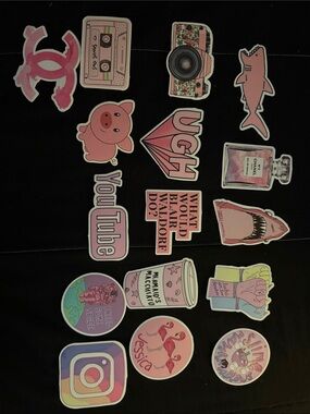 16 Pack of Pink Sticker with Social & Cute Icons